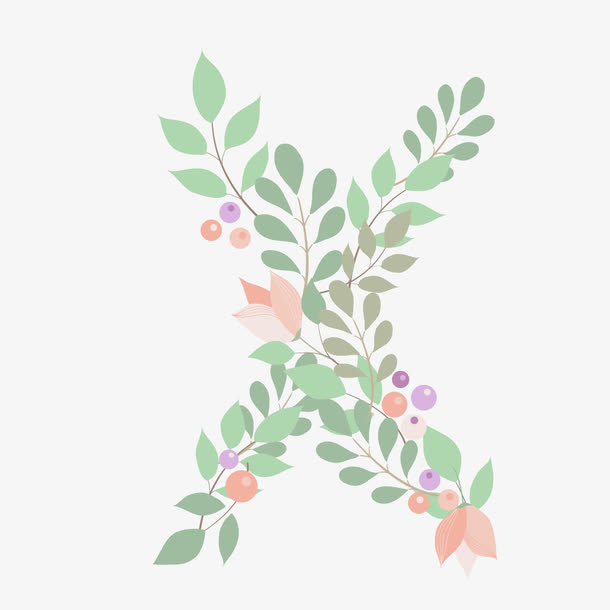 植物绿叶花朵字母X免抠