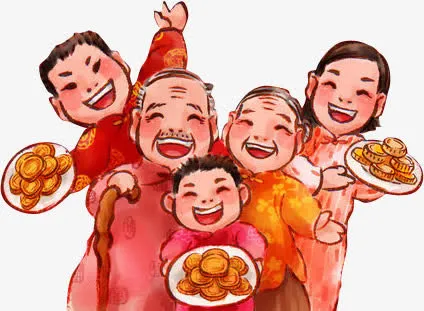 手绘喜庆一家人吃月饼装饰图案免抠