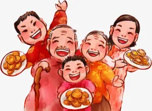 手绘喜庆一家人吃月饼装饰图案免抠