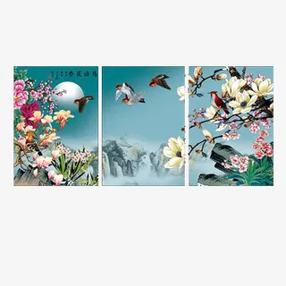 花鸟三联画免抠