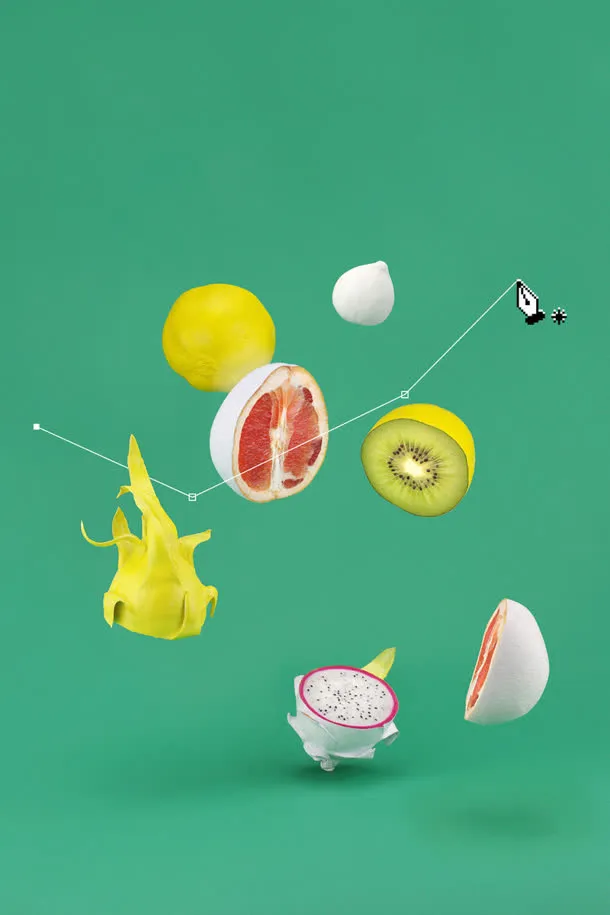 绿色背景卡通水果钢笔