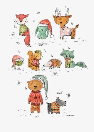 手绘圣诞节动物元素免抠