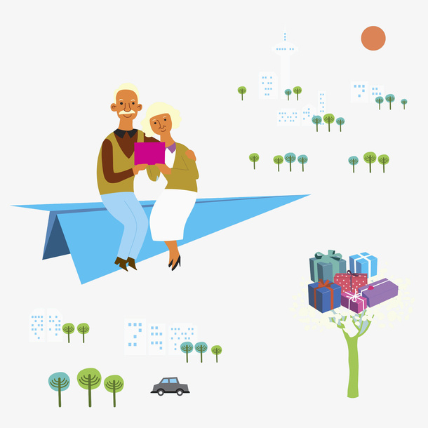 坐在纸飞机上的老夫妻免抠