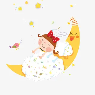 卡通女孩梦游月亮床免抠