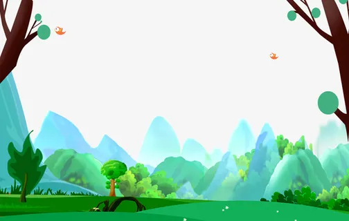 春季水墨手绘青山与绿树主题边框免抠