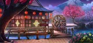 日式小房子水车背景高清