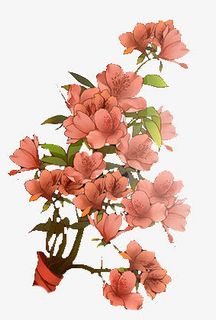 水彩红色桃花花枝免抠