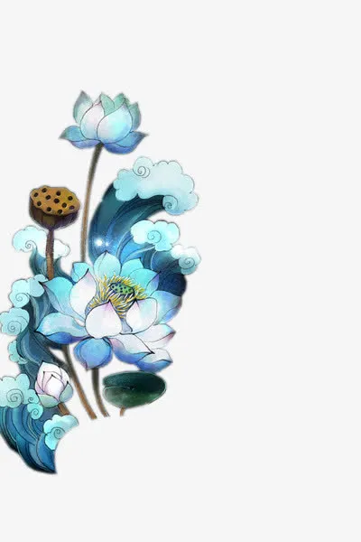 蓝色手绘花朵祥云png素材免抠