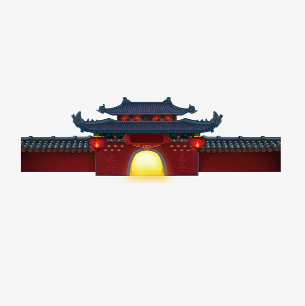 红色中国风城门阁楼免抠