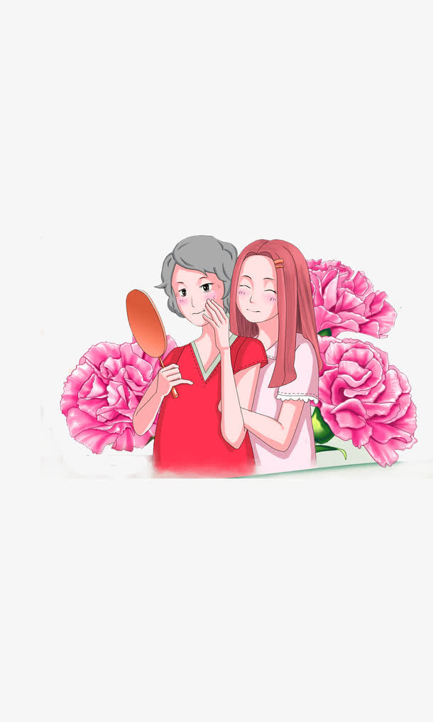 粉色卡通花朵母女装饰图案免抠