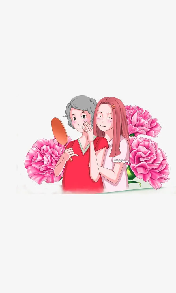 粉色卡通花朵母女装饰图案免抠
