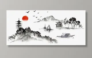 水墨山水风景画素材免抠手绘/卡通手绘元素