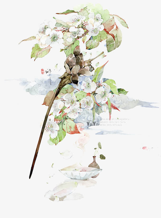 唯美中国古风水彩插画免抠