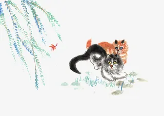 水墨国画清风徐徐柳树枝免抠