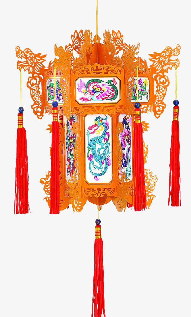 橙色雕花龙纹宫灯免抠