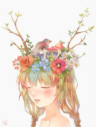 手绘创意森系少女免抠