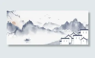 中国风手绘水墨风景山水徽派建筑 1免抠