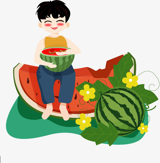 原创夏天小男孩坐在西瓜上吃西瓜免抠