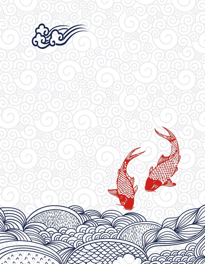 矢量中国风手绘锦鲤海水纹背景素材高清