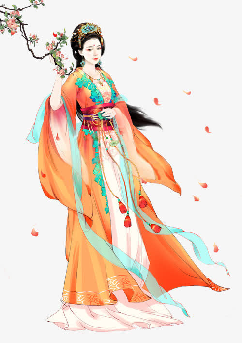 妖艳扶花枝的古风手绘美女免抠