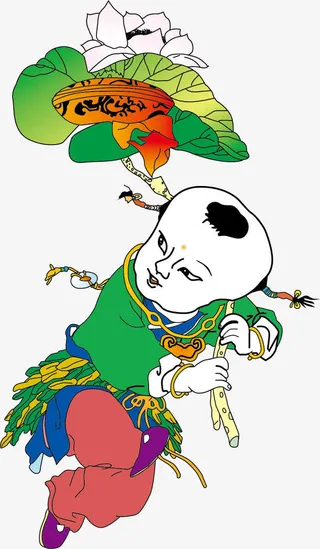 矢量中国传统年画举荷花的小孩免抠