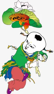 矢量中国传统年画举荷花的小孩免抠 矢量中国传统年画举荷花的小孩免抠