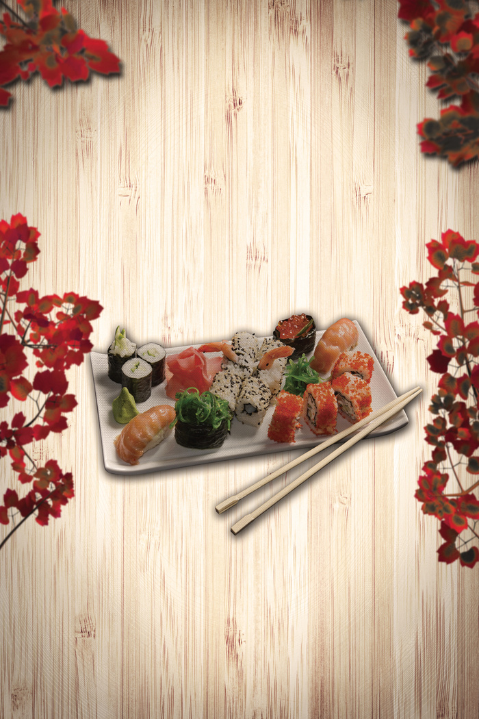 木纹花卉寿司料理店海报背景素材高清