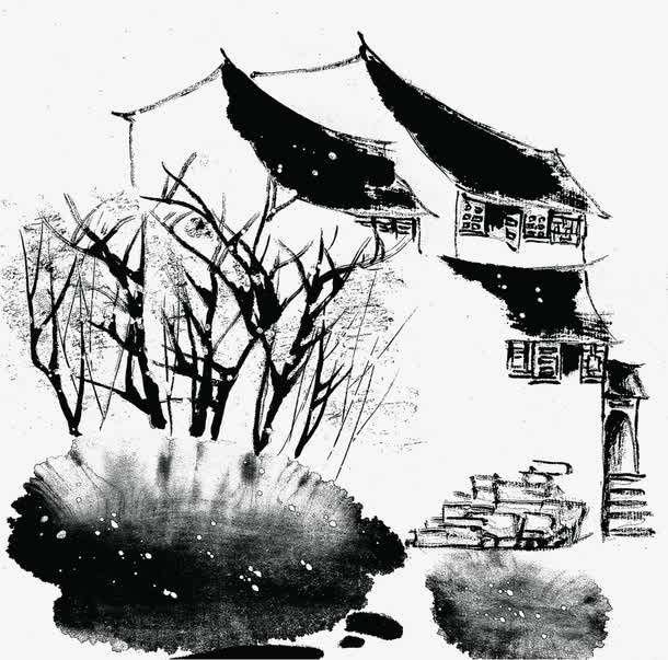 中国风黑色水墨房屋免抠
