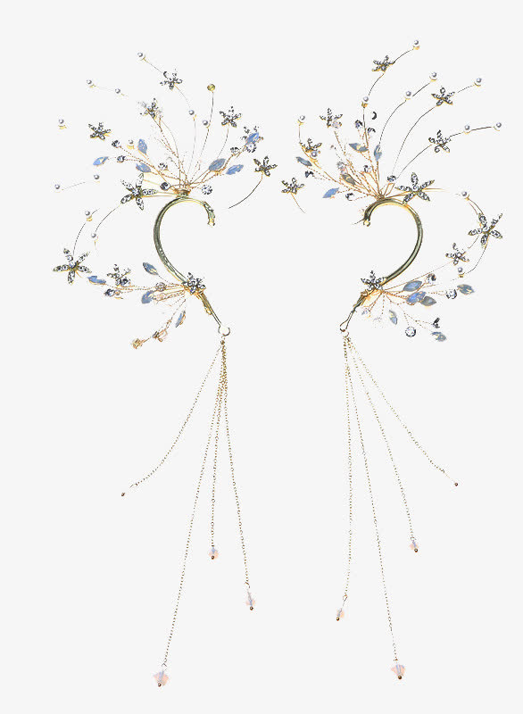 水钻精灵耳挂长款流苏耳环免抠