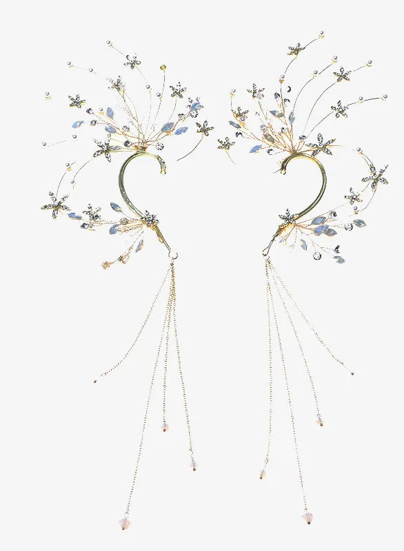 水钻精灵耳挂长款流苏耳环免抠