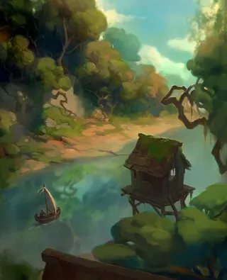 手绘自然风景湖面免抠