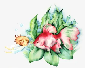 手绘海底鱼类女孩人物免抠