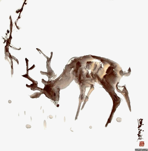低头的水墨鹿免抠