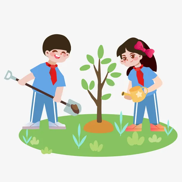 草地合种一棵树浇水卡通人劳动绿地植树节免抠