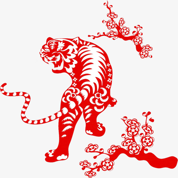 红色剪纸的猛虎免抠