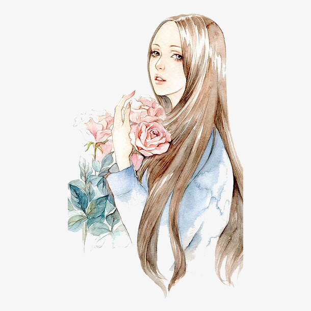 抱着花朵的手绘美女免抠