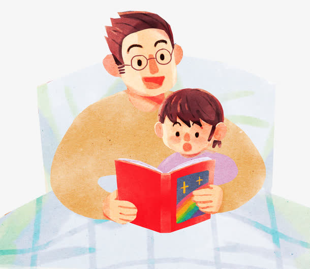 手绘亲子插画父亲节给孩子读书的免抠