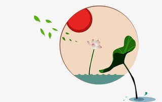 手绘版的莲花荷叶和夕阳免抠