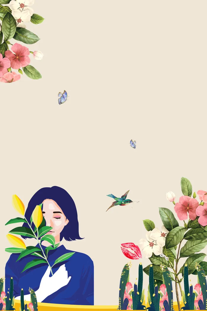 浅黄色手绘女生节少女春天花卉海报高清