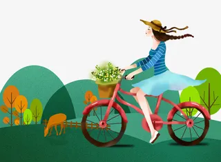 春天小女孩骑自行车出游免抠