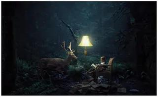 树林落地灯藤椅女孩麋鹿海报背景