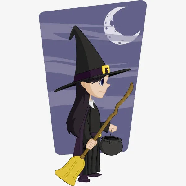 卡通魔法扫帚和小女巫免抠