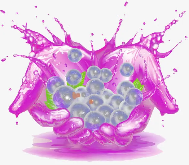 手绘绿叶紫色葡萄水果汁png免抠
