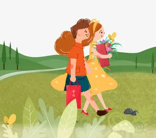 免抠卡通草地上踏青的男女免抠