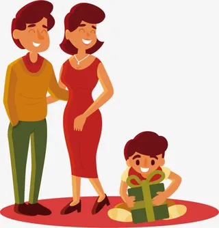 微笑的父母和拆礼包的孩子矢量图免抠