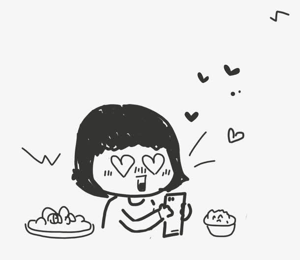 花痴女孩吃饭手绘图免抠