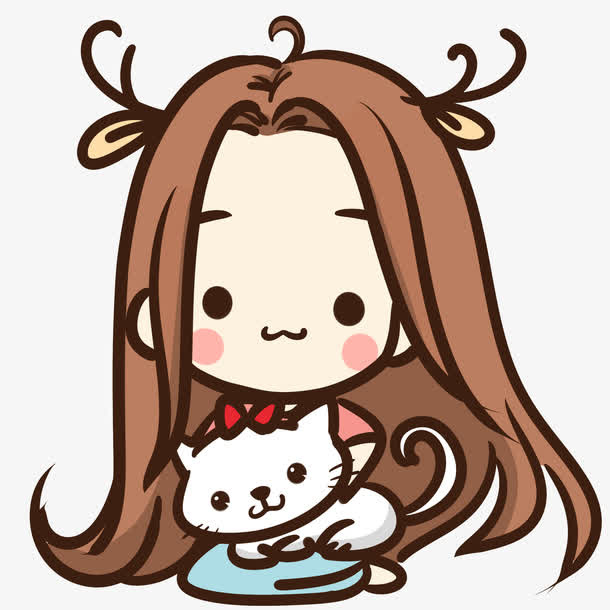 手绘抱白猫长发女孩免抠