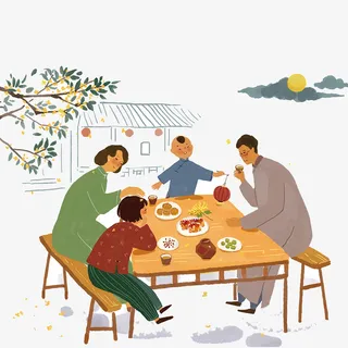 中国风中秋家人团圆赏月元素免抠