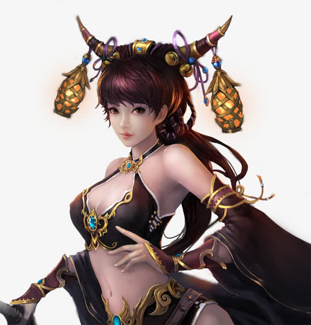 手绘游戏人物牛角美女免抠