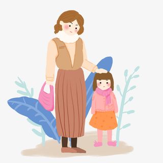 彩色植物前的母女免抠